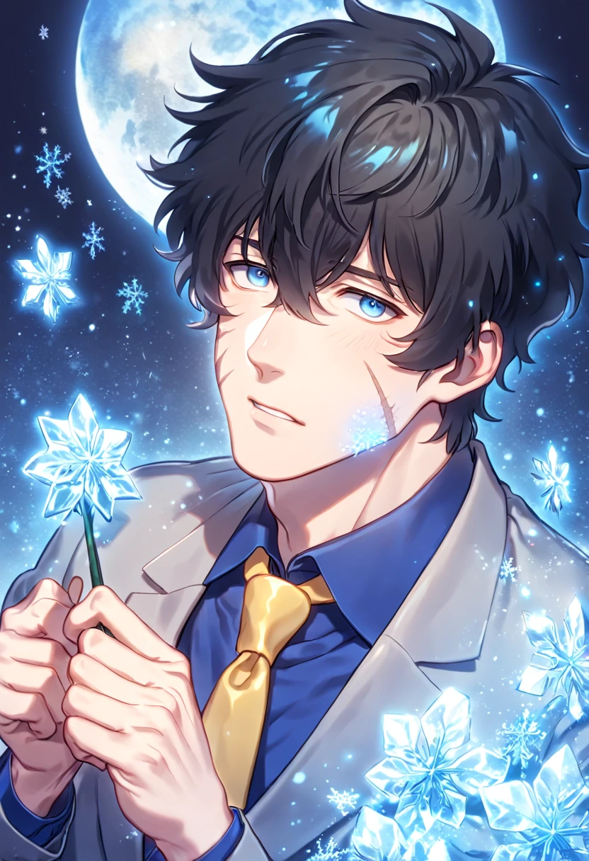 absurdres, highres, ultra detailed, HDR, master piece, Steven A. Starphase, black hair, expressive gray eyes, gray jacket, blue shirt, yellow necktie, scar on his right cheek, Kekkai Sensen, man, handsome, best quality, blue ice moon, ice flowers, fantasy, magical, solo, ice, blue shining fireflies, blue petals, sensual, snowflakes, winter