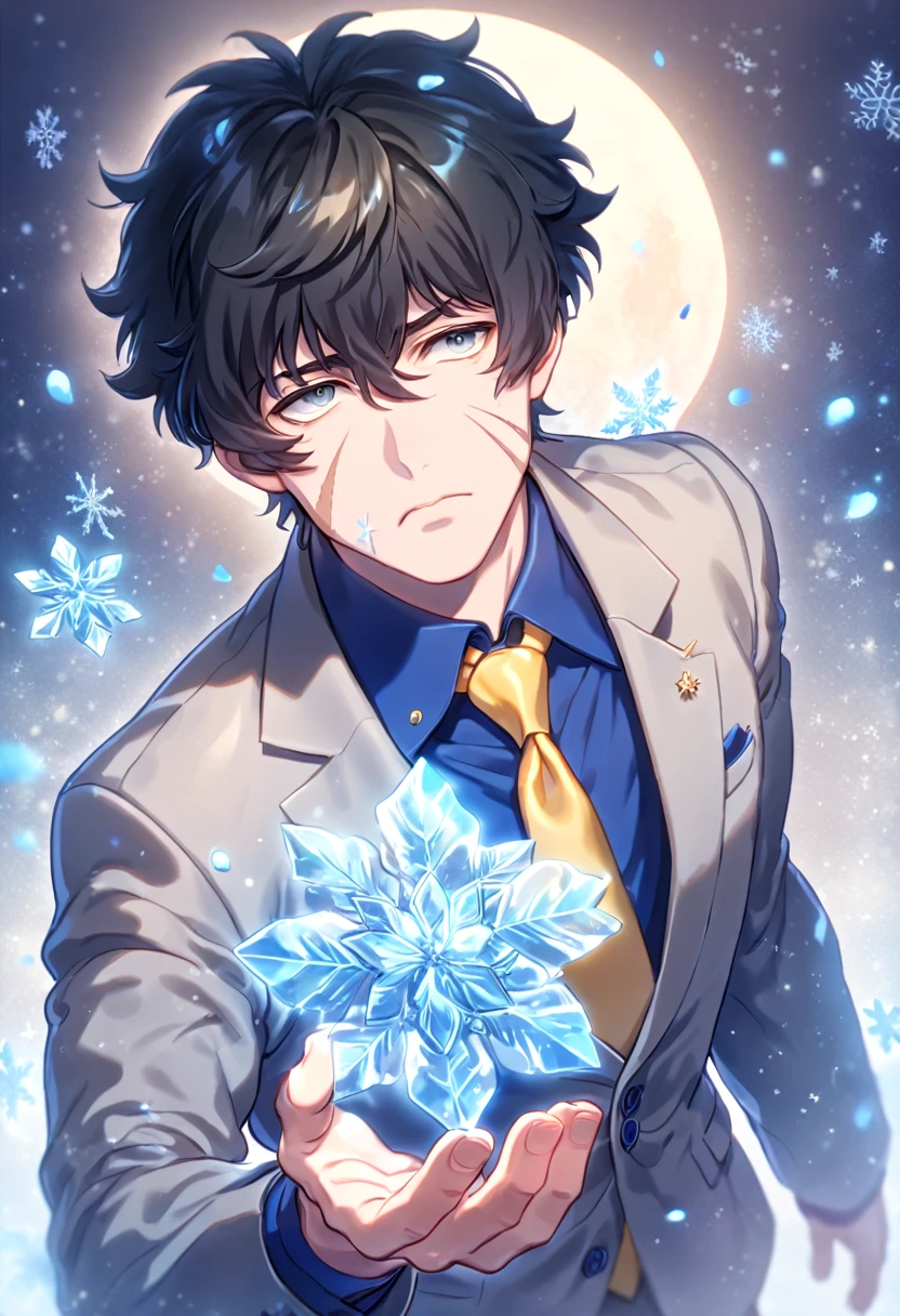 absurdres, highres, ultra detailed, HDR, master piece, Steven A. Starphase, black hair, expressive gray eyes, gray jacket, blue shirt, yellow necktie, scar on his right cheek, Kekkai Sensen, man, handsome, best quality, blue ice moon, ice flowers, fantasy, magical, solo, ice, blue shining fireflies, blue petals, sensual, snowflakes, winter