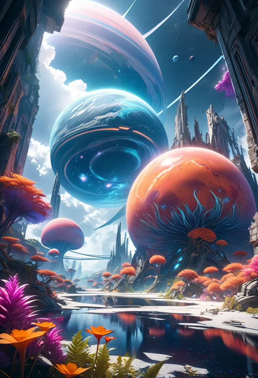 a stunning space planet, alien landscape, dramatic lighting, volumetric clouds, glowing nebulae, alien flora and fauna, architectural ruins, futuristic technology, cinematic composition, hyperreal details, vibrant colors, otherworldly atmosphere, photorealistic, 8k, best quality, masterpiece
