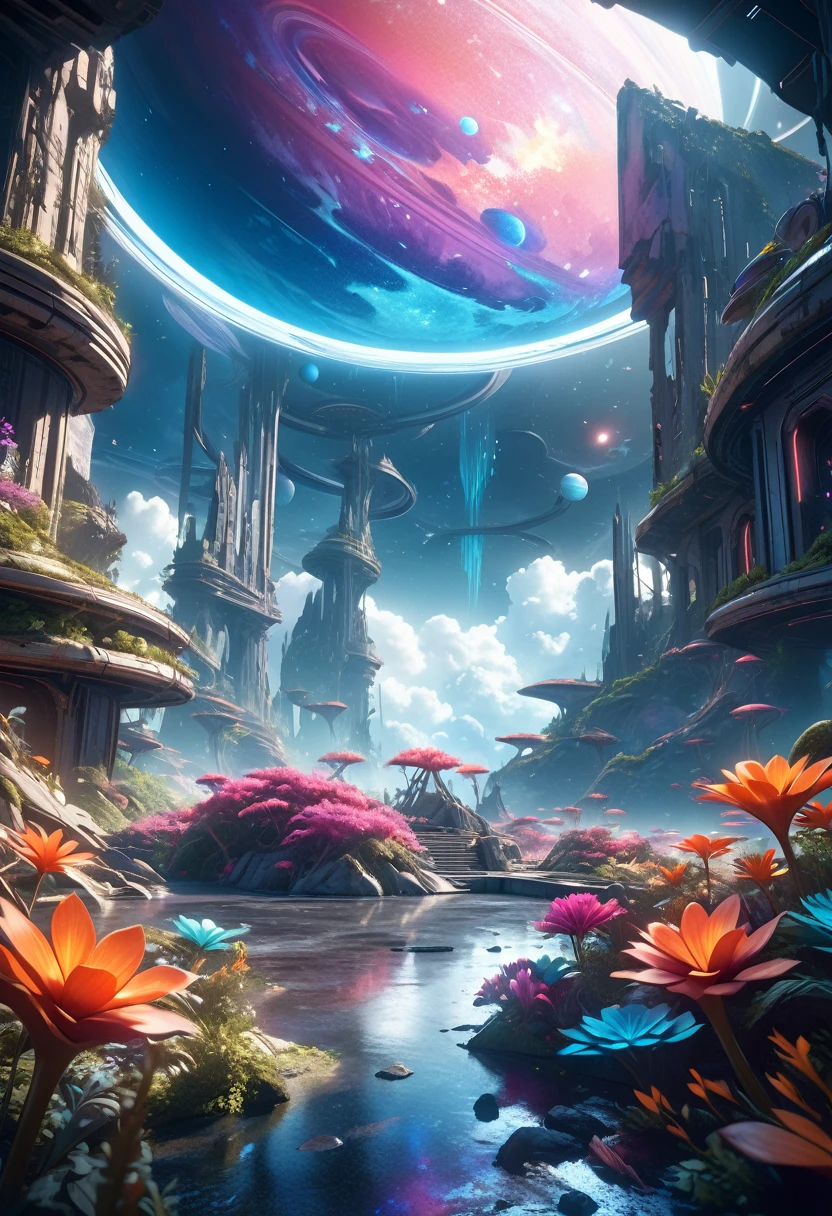 a stunning space planet, alien landscape, dramatic lighting, volumetric clouds, glowing nebulae, alien flora and fauna, architectural ruins, futuristic technology, cinematic composition, hyperreal details, vibrant colors, otherworldly atmosphere, photorealistic, 8k, best quality, masterpiece