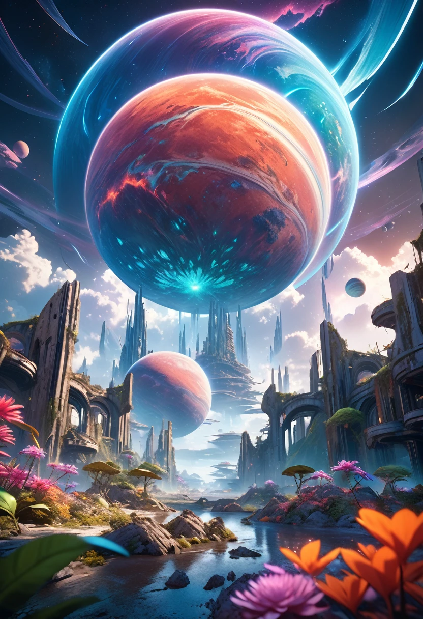 a stunning space planet, alien landscape, dramatic lighting, volumetric clouds, glowing nebulae, alien flora and fauna, architectural ruins, futuristic technology, cinematic composition, hyperreal details, vibrant colors, otherworldly atmosphere, photorealistic, 8k, best quality, masterpiece