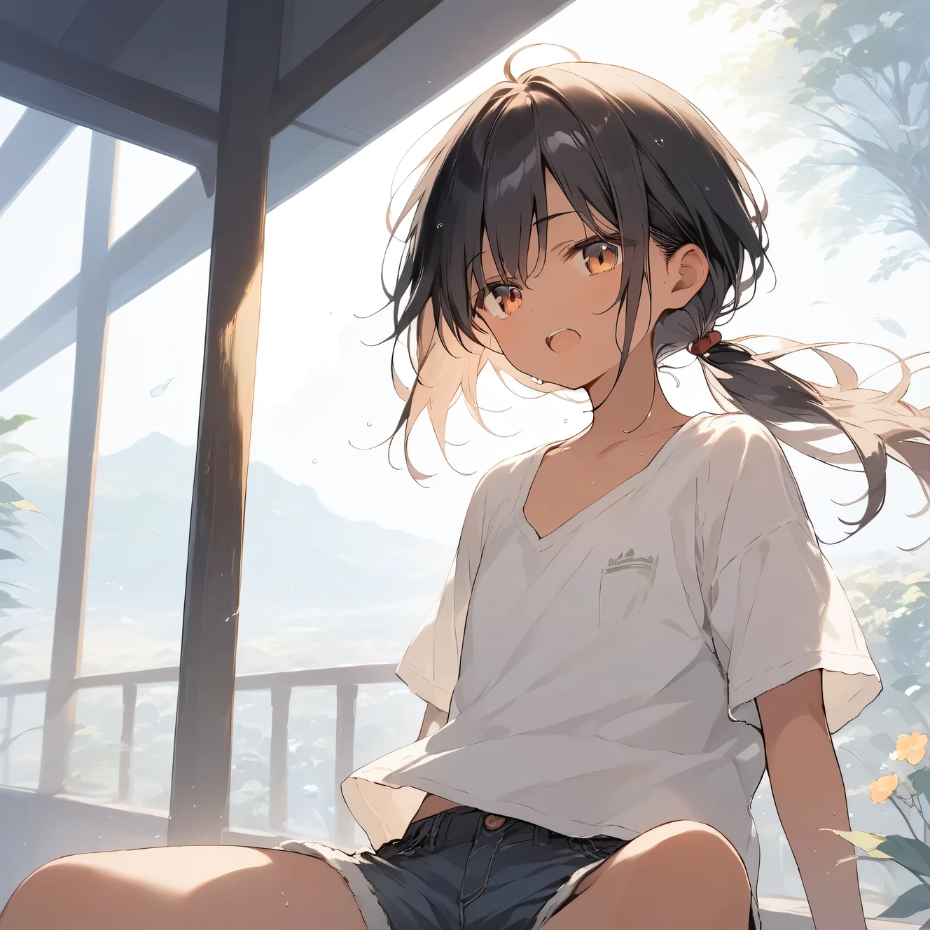 score_9, score_8_up, score_7_up, source_anime, best quality, masterpiece, official art, absurdres, highres, ultra-detailed,waifu2x,Collection: Slice of Life,break,1girl, tomboy, dark-skinned female, short hair, low ponytail, flat chest, beautiful detailed eyes, shorts, sweat, open mouth, (yawn:0.3), sleepily, outdoors, wind,break,(clear line illustration:1.2), super detailed skin,very high resolution, very aesthetic, Best sexual lighting powered by famous artist, 8k,cute picture,beauty illustration,photoshop_(medium),,(Detailed Lighting),best anime 8k konachan wallpaper, pixiv contest winner,