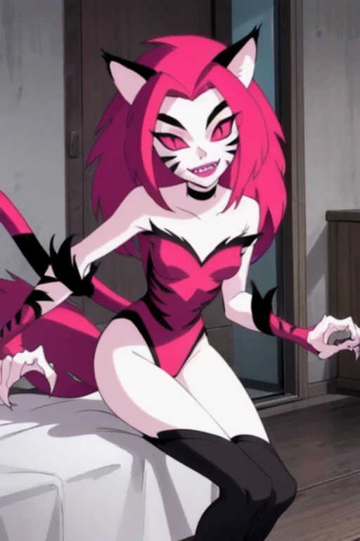 NyaNya, 1girl, solo, pink eyes, pink hair, pink skin, long hair, cat ears, pink sclera, cat tail, claws, slit pupils, pink lips, whisker markings, pink leotard, fangs, bare shoulders, choker, black leggings, room