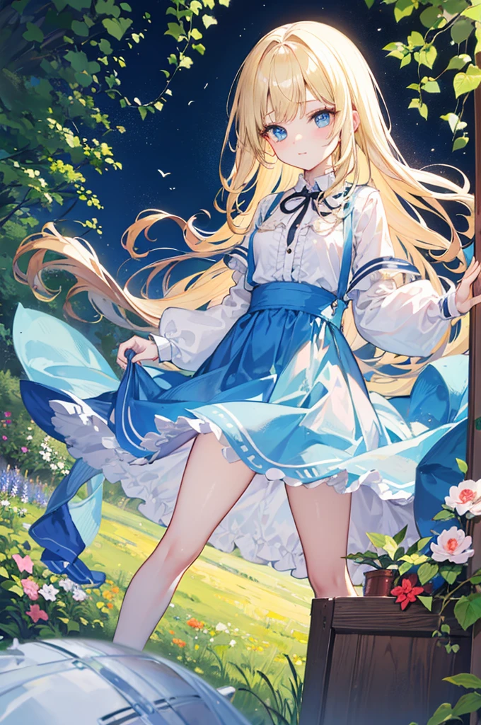 Alice漫游仙境，fairy tales，((Alice))，Light blond long hair，Blue Eyes，energetic and cute，In the Garden，，(nsfw:0.8)，