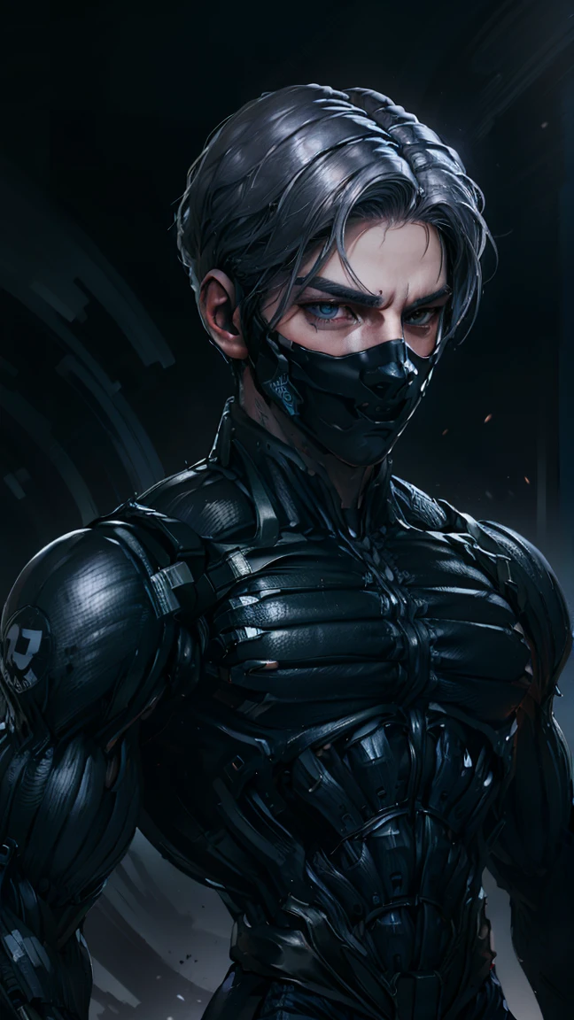 {Best Quality, 8k, Masterpiece}, [grey hair], [middle part haircut], [male], (grey eyes), (tech mask)