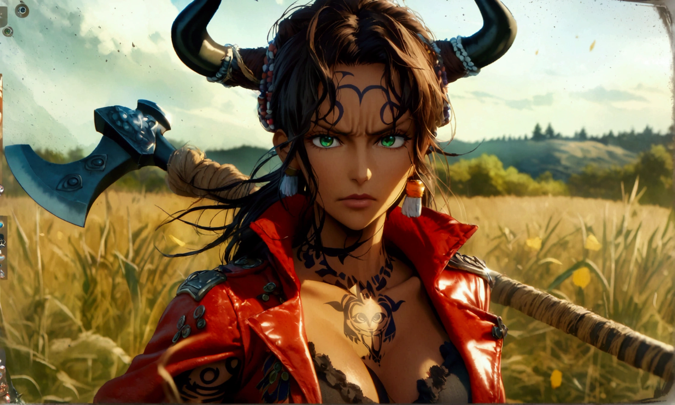 Woman, brown skin, serious, mature face, expression of revolt, black skin, medium brown hair, green eyes, red jacket with axe ornaments, black horns, tribal tattoos, black blouse, holding an axe, night field background, "Anime character design inspired by One Piece, full of dramatic and impressive lighting, focus on the centralized character, impressive face, full of creative details, ultra-fine 4K design, scenery bathed in creativity, boasting 2D anime resolution clarity, HD anime graphics, high-octane rendering"