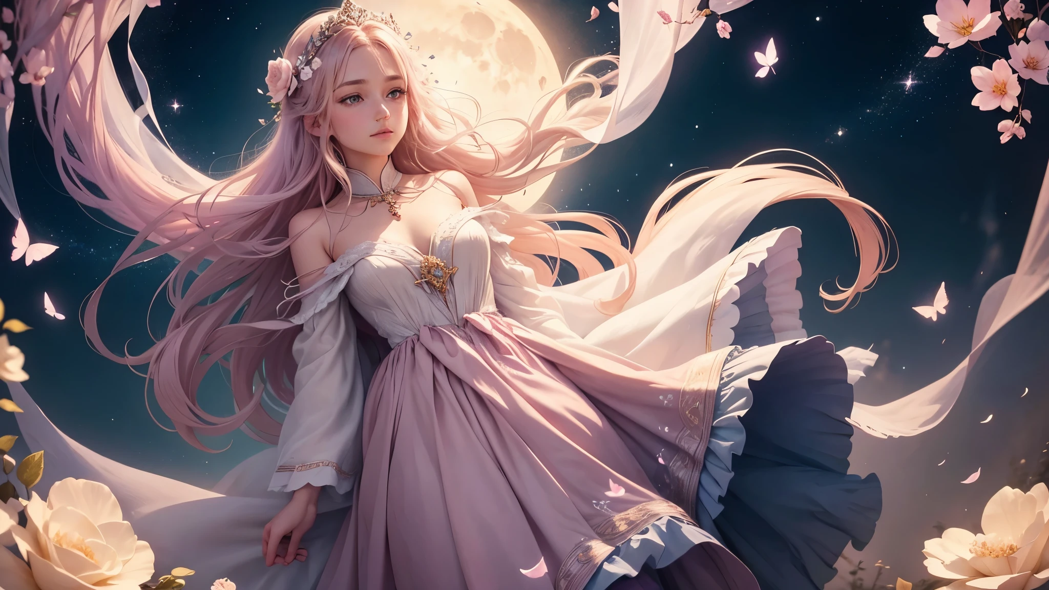 The image features a detailed and fantastic illustration. In the middle, a female figure sits delicately on a glowing crescent. The moon seems made of light and brilliance, with a texture that emits a soft and luminous aura.
The female figure has long, wavy light blonde hair, that cascades to your feet. Her hair is decorated with a crown of small flowers, pink and white, which also disperse in the air around them. His face is delicate and serene, with large lilac eyes that shine with a soft light.
She wears a long, ethereal dress that looks like it's made from a mixture of petals., transparent and light fabric. The dress has pastel colors, mainly in pink and lavender, and is adorned with floral details that seem to integrate with the environment. The texture of the dress suggests movement, as if it were being gently stirred by an invisible breeze.
Around it, Floating flower petals and butterflies add a touch of magic to the scene. These butterflies and petals seem to shine with a light of their own, contributing to the dreamlike atmosphere. The background of the image shows a starry night sky, with glowing stars and a soft haze that adds depth and mysticism to the scene.
The color palette of the image is dominated by soft, pastel tones, with a predominance of roses, lilac, and white, which reinforces the feeling of dreaminess and delicacy. Image lighting is soft and diffuse, creating an ethereal effect that surrounds the central figure and the moon.