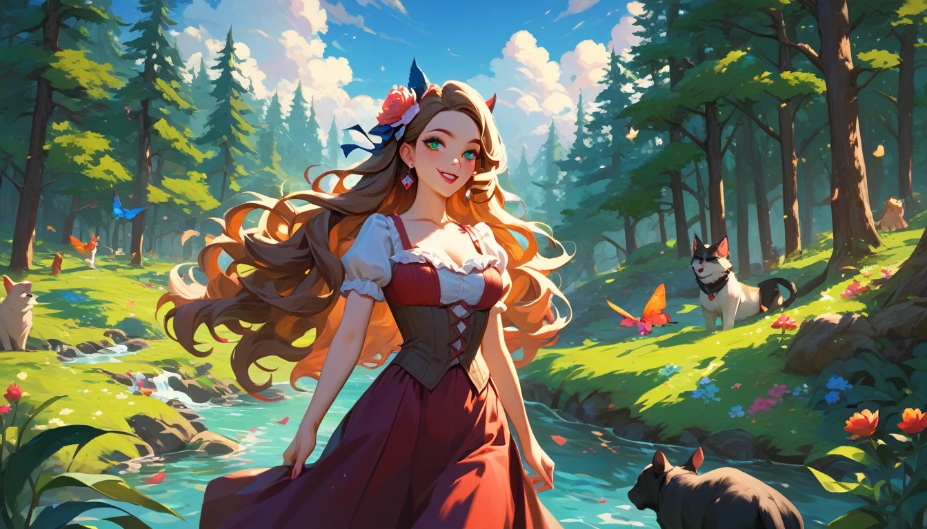 /imagine prompt: Anime, personality: [Open a landscape featuring dark forest, filled various animals In the foreground, center stage, stands Taurus, a witch woman with flowing hair adorned floral accents, her outstretched as if summoning wildlife. Her expression is serene and confident, embodying a deep connection to nature.]
