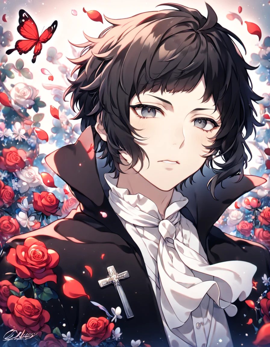 absurdres, highres, ultra detailed, HDR, master piece, best quality, extremely detailed, Akutagawa Ryuonosuke, black hair, expressive gray eyes, Bungou Stray Dogs, solo, sexy man, handsome, black coat with high collar, white shirt, white cravat, cross, red butterflies, petals, magical, red roses, fantasy