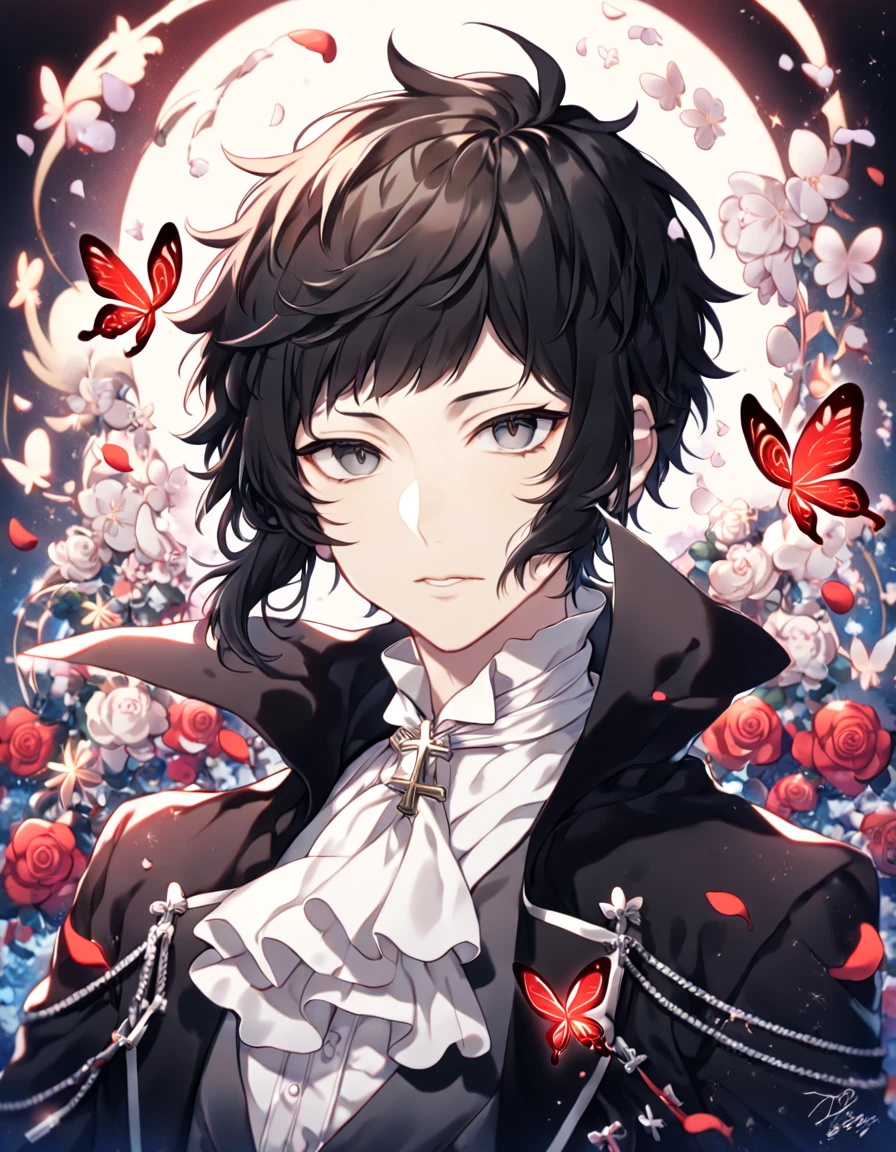 absurdres, highres, ultra detailed, HDR, master piece, best quality, extremely detailed, Akutagawa Ryuonosuke, black hair, expressive gray eyes, Bungou Stray Dogs, solo, sexy man, handsome, black coat with high collar, white shirt, white cravat, cross, red butterflies, petals, magical, red roses, fantasy