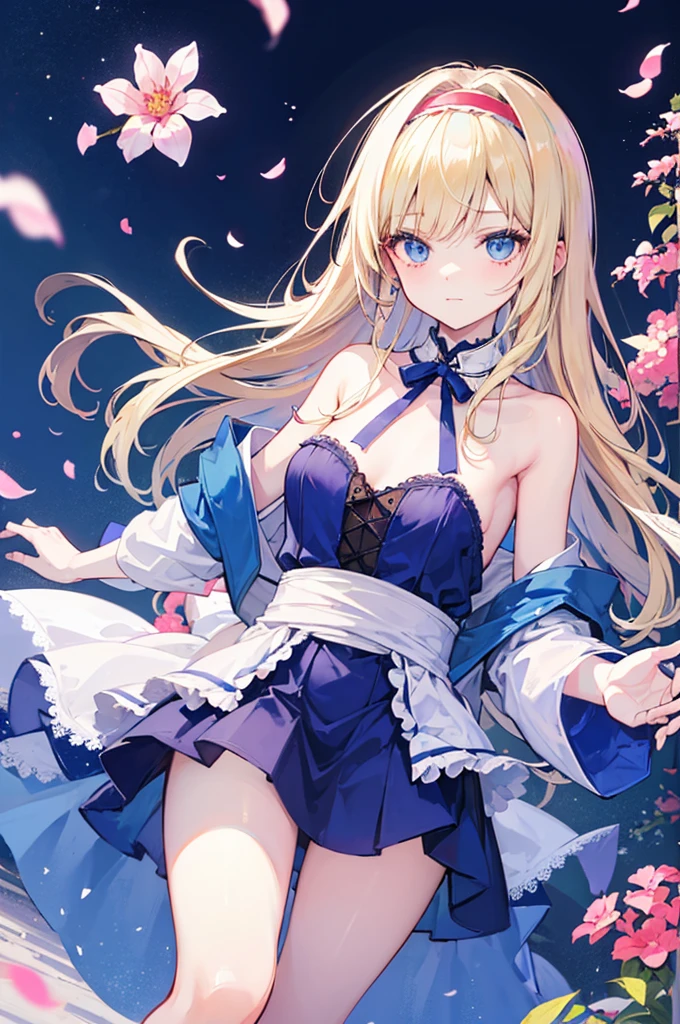 Alice漫游仙境，fairy tales，((Alice))，Light blond long hair，Blue Eyes，energetic and cute，In the flowers，，(nsfw:0.8)，