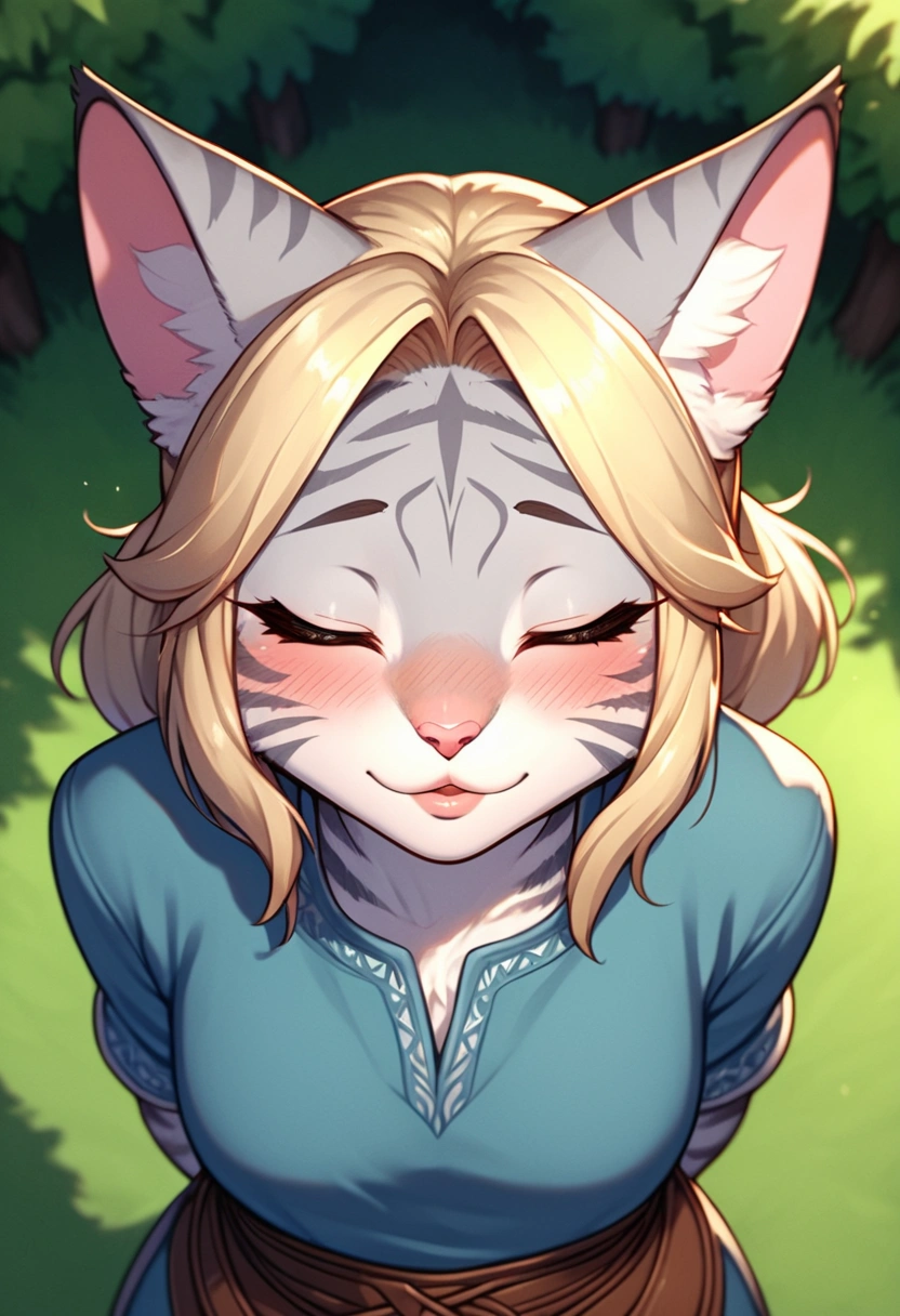score_9,score_8_up,score_7_up, score_6_up, score_5_up,source_anime, kemono style, Kat, Anthro furry feline, silver fur, grey stripes on body, blonde hair, pink nose, :3, 1girl,solo, incom, imminent kiss, closed eyes, facing viewer, parted lips,from above, cowboy shot, blushing, head tilted up, about to kiss viewer, she is wearing a blue tunic, leather belts, hands behind her back, head facing viewer, head up, outdoors, close up, portrait, kissing face, soft lips, lips focus, kiss focus,