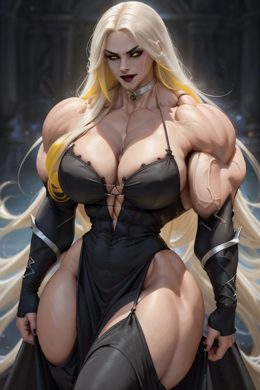 ((Close-up)), tall, (yellow hair) beautiful muscular latina vampire woman, long flowing hair, brown skinned, closed smile, large breast, (black lipstick), (massive muscles), (hyper muscle), ((ginormous bulky muscles)), gray eyes, ((black long sleeve maxi dress)), choker, high heels, (dark and moody universe:1.3)in a castle at night,