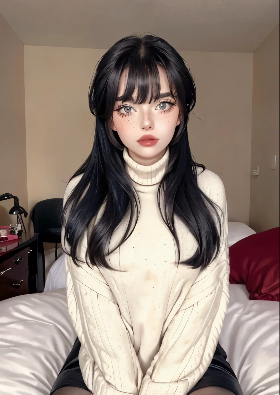 1girl, egirlmakeup, turtleneck, bangs, freckles, sitting on bed, looking at viewer,