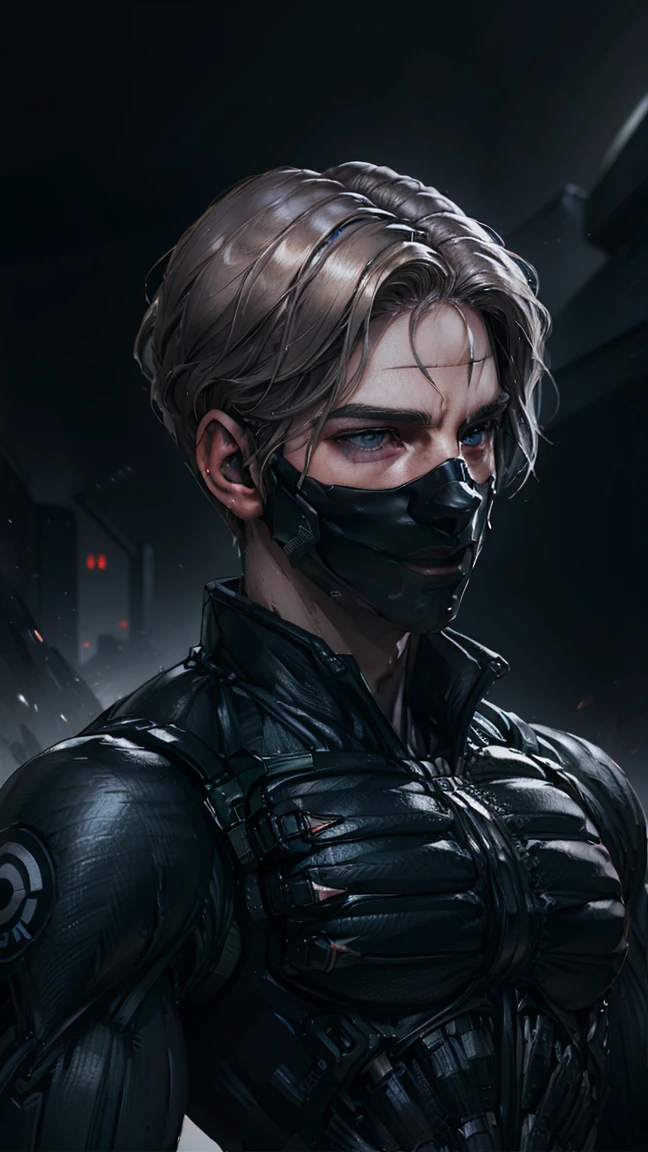 {Best Quality, 8k, Masterpiece}, [blonde hair], [middle part haircut], [male], (grey eyes), (tech mask)