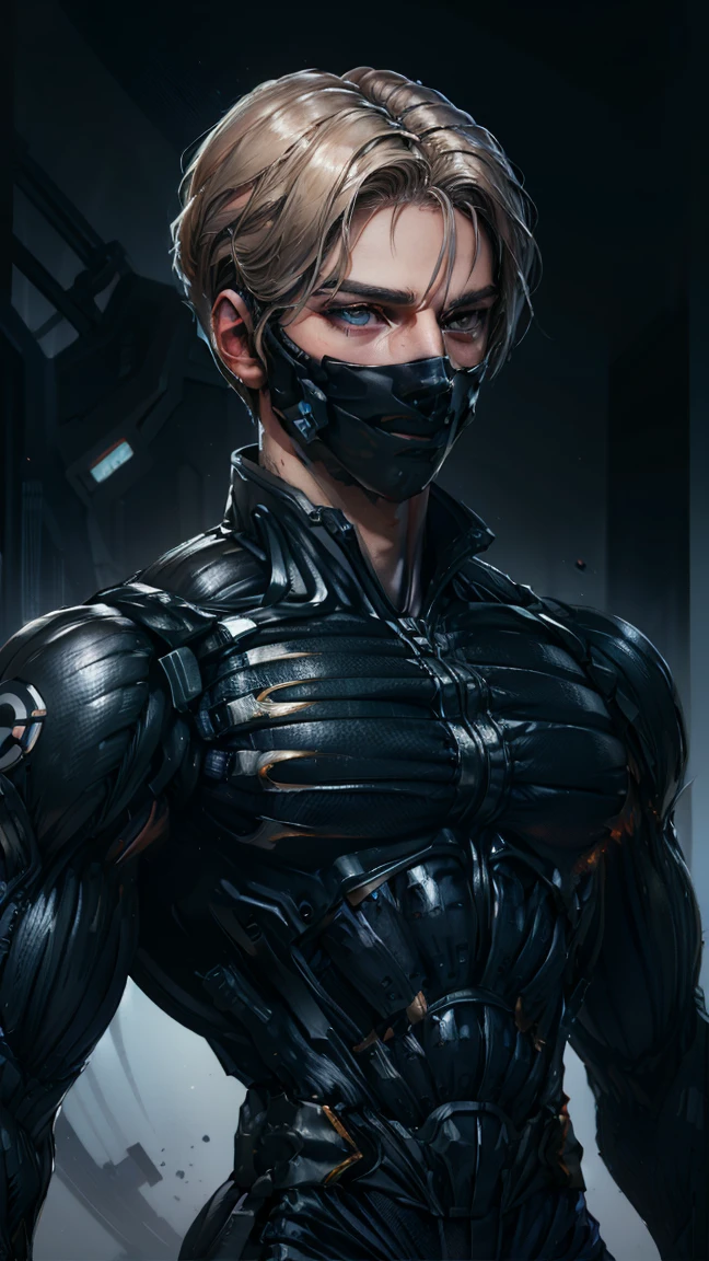{Best Quality, 8k, Masterpiece}, [blonde hair], [middle part haircut], [male], (grey eyes), (tech mask)
