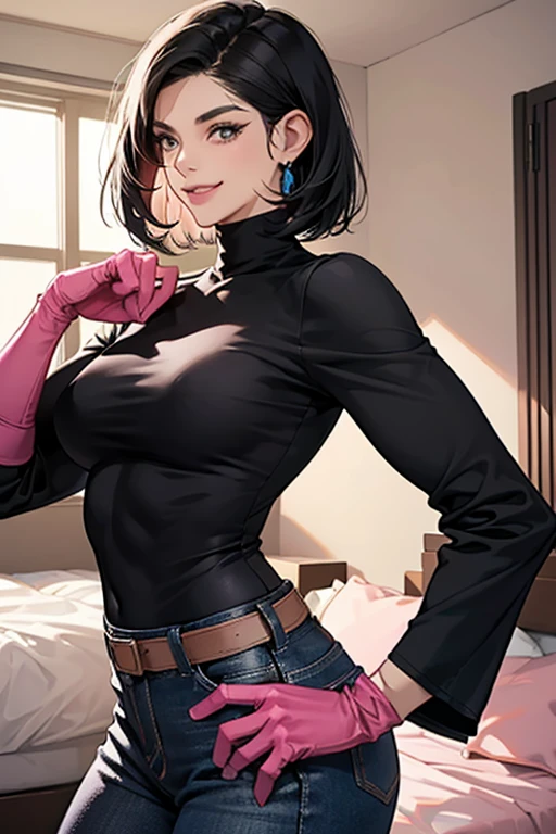 A muscular mature woman with short black hair wearing a black long-sleeved high-neck shirt and blue jeans, smiling while wearing long pink rubber gloves in her room