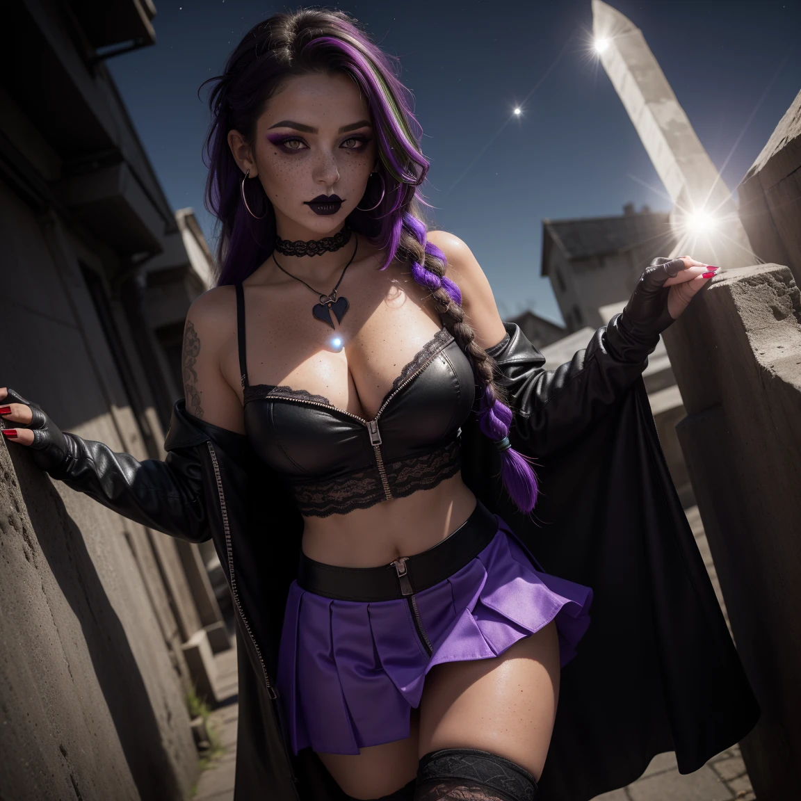 attractive woman, solo, fingerless gloves, (((long sharp nails))), painted nails, pale skin, gothic, (((long straight black hair with purple highlights))), lavender eyes, combat boots, (((black lipstick))), elbow gloves, (((freckles))), (((hearts))), skulls, gothic punk, (((dark gothic makeup))), (((vampire fangs))), piercing gaze, night, moon, ((((lens flare)))), dramatic, medium cleavage, masterpiece, best quality, 4k, uhd, extremely detailed 8K wallpaper, (((low micro skirt))), (((((low skirt))))), (((crop top))), modern gothic, (((((open micro skirt))))), (((((unzipped micro skirt))))), slim waist, medium bust, midriff, navel, thigh gap, slender waist, neat figure, (((((seductive))))), graffiti, steam, steamy, (((lace top))), (((full body shot))), (((thin braided dreadlocks))), (((High angle))),