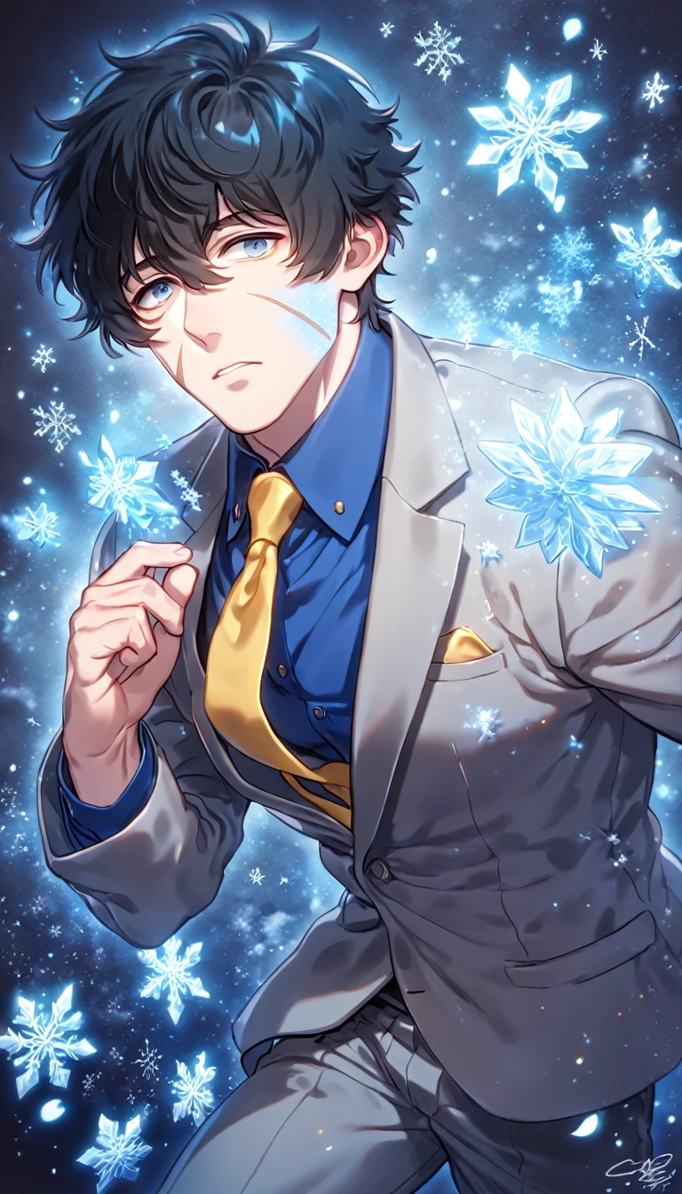 absurdres, highres, ultra detailed, HDR, master piece, Steven A. Starphase, black hair, expressive gray eyes, gray jacket, blue shirt, gray pants, yellow necktie, scar on his right cheek, Kekkai Sensen, man, handsome, best quality, blue ice moon, ice flowers, fantasy, magical, solo, ice, blue shining fireflies, blue petals, sensual, snowflakes, winter