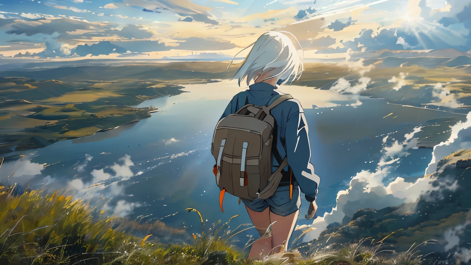 Vast Sky, Beautiful skyline, Vast grassland, Very tense and dramatic photo, Moving visual effects, The North Star Hanging High, Colorful natural light. Long sleeve tops, Denim shorts, Girl carrying a backpack. There is a big ship not far away..White Hair,Panoramic view from above, Capturing the vastness of nature. Soft lighting creates a warm atmosphere.