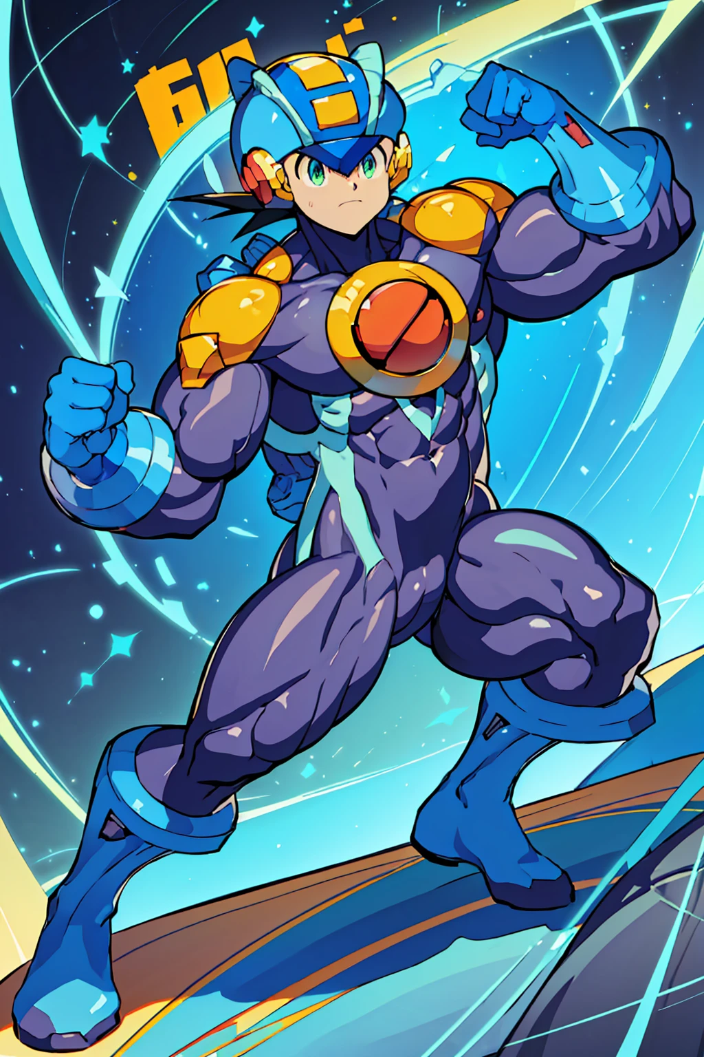 Huge muscles,Rockman Exe,(((8--old ))),Full body portrait,Huge erect penis,Bare penis,Black suit,A face stained with evil