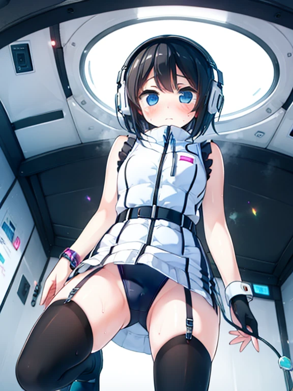 (Highest quality), (masterpiece), 1080P, High resolution, 4K, 8k, Inside the space station、Futuristic room、Thigh straps, Shooting from directly below, The woman on top of me, 白いSweat, Covered , Sweat, Woman looking down, Skirt swimsuit, Thigh-high socks, futuristic boots,headphone,To achieve this, , , whole body, Black leather shoes, Braided hair, Inner Color, Embarrassed face, Short black hair, bracelet, Bedroom,celestial body_Vest