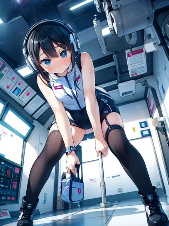 (Highest quality), (masterpiece), 1080P, High resolution, 4K, 8k, Inside the space station、Futuristic room、Thigh straps, Shooting from directly below, The woman on top of me, 白いSweat, Covered , Sweat, Woman looking down, Skirt swimsuit, Thigh-high socks, futuristic boots,headphone,To achieve this, 16 years old, , whole body, Black leather shoes, Braided hair, Inner Color, Embarrassed face, Short black hair, bracelet, Bedroom,celestial body_Vest