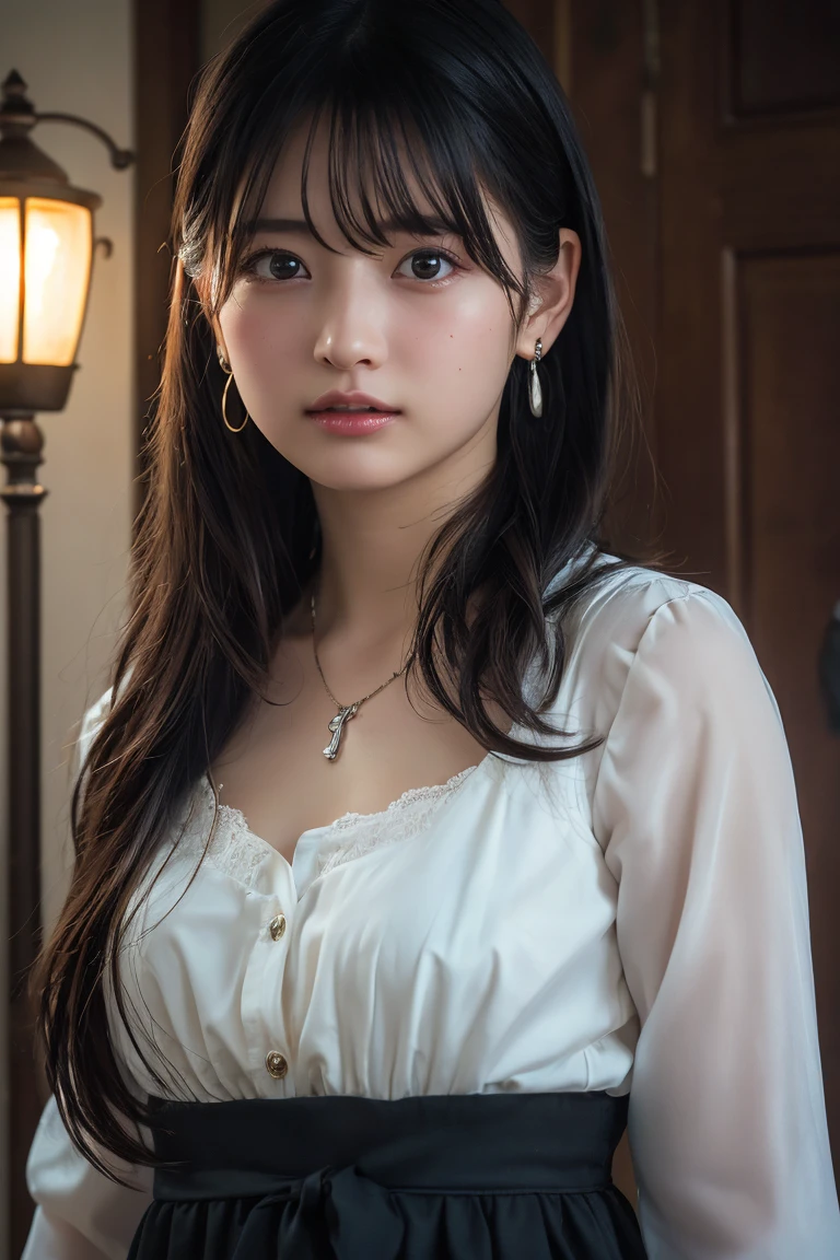 (Highest quality:1.4),(masterpiece:1.4),(Realistic:1.4),(Realistic:1.2),(超High resolution, RAW Photos:1.4),(High resolution, Very detailed:1.2),(8k:1.2),View your audience,Cinematography,One Girl,skeletally correct,Black-haired woman,(Small earrings,necklace,Fairy Cosplay,View from the front),(Inside the Western-style building,Dimly lit room,The lamplight shines on my cheeks)