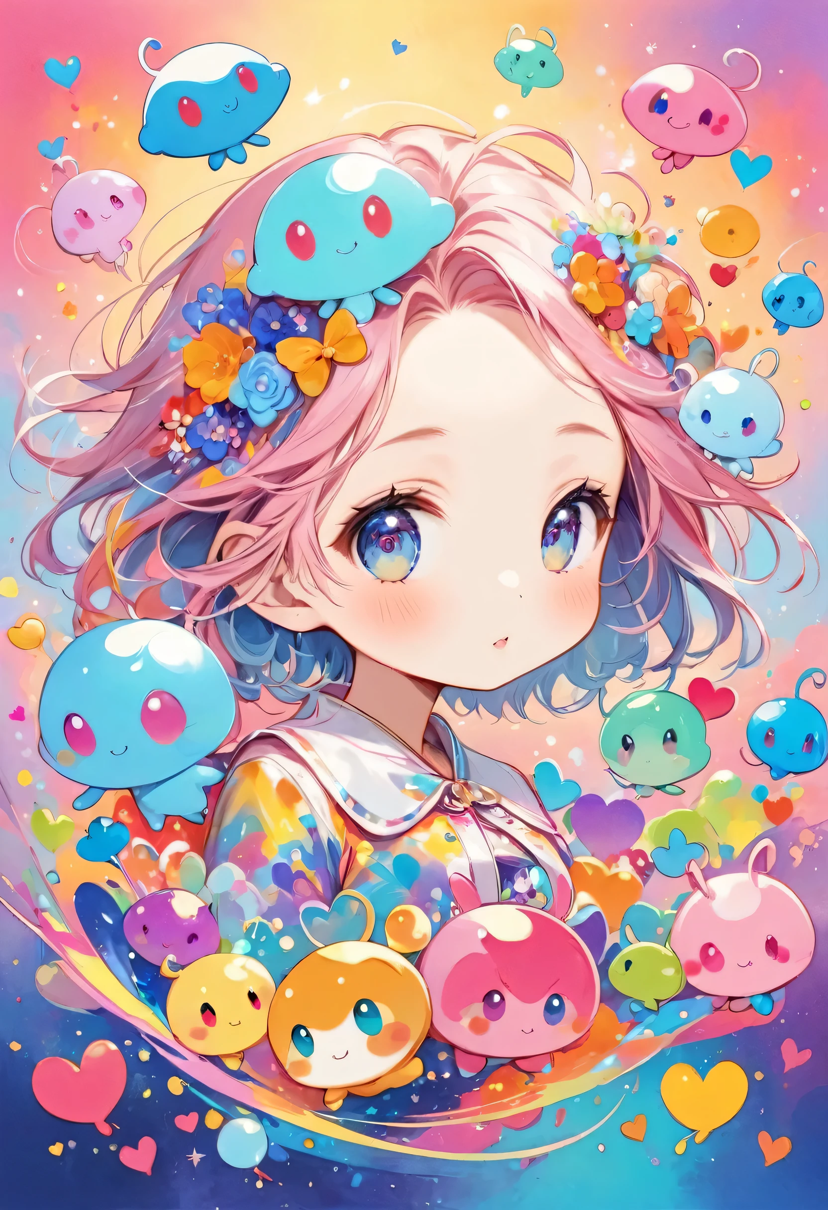 Mika Pikazo colorfull style, Simple Line Initialism，Abstract art，(((The most beautiful girl of all time))), (((chibi))), Sweet face. colorful hearts, funny design, (((bosom buddy ))), (((Cute Aliens))), The background is space