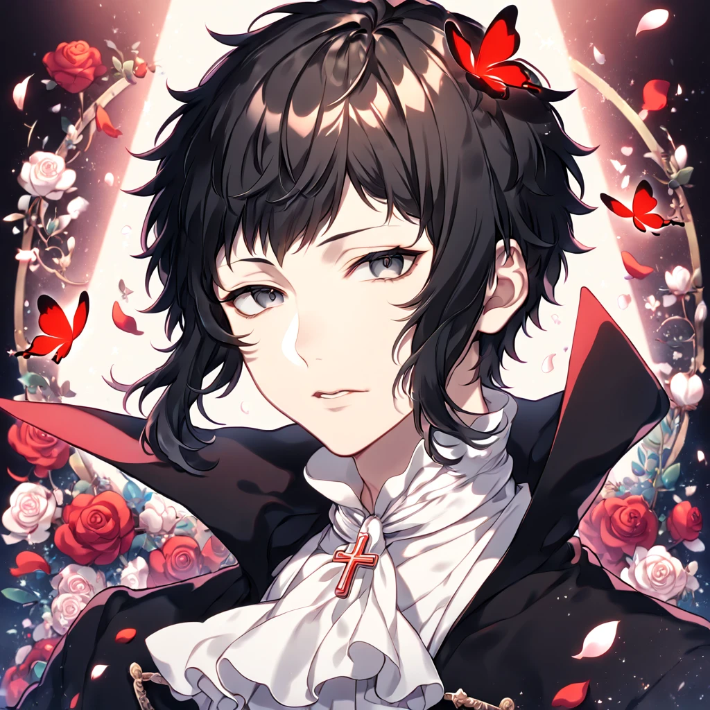 absurdres, highres, ultra detailed, HDR, master piece, best quality, extremely detailed, Akutagawa Ryuonosuke, black hair, expressive gray eyes, Bungou Stray Dogs, solo, sexy man, handsome, black coat with high collar, white shirt, white cravat, cross, red butterflies, petals, magical, red roses, fantasy