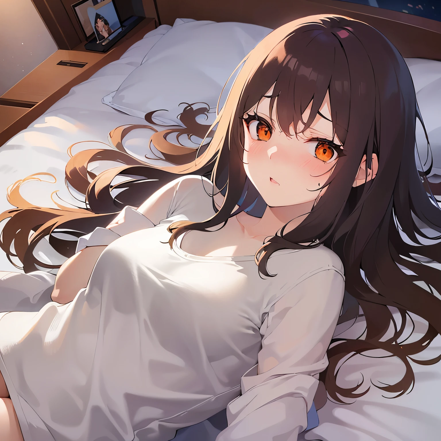 bed, lying on back、Shooting from above、wearing an oversized men's shirt. The shirt is too large for her, giving a baggy and loose appearance. (night:1.5), upper body, (pale skin: 1.2), shiny skin, shiny hair、(A 25-year-old woman with medium-length hair and bangs) and (wavy hair) and (brown hair) and (orange eyes) , (embarrassed:1.5), bedroom、Alone、