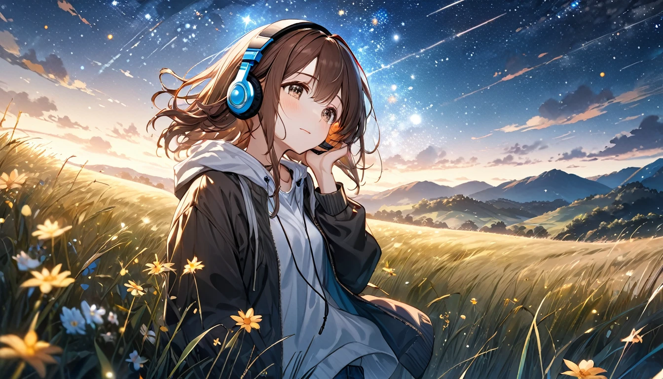 Brown-haired girl wearing headphones、Starry Sky Study - Highly Detailed、masterpiece, Highest quality, Bright - Starry background、Calm expression、Casual clothing、Looking up at the stars in the grassland
(Detailed fingers), (Emotional), (Breathtakingly beautiful), (main part:1.2 Whole body), (Anime Style), (Very detailed), (超High resolution, High resolution), (8k), (Complex and beautiful: 1.2)
