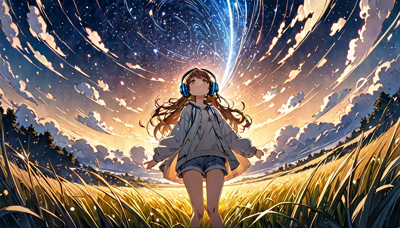 Brown-haired girl wearing headphones、Starry Sky Study - Highly Detailed、masterpiece, Highest quality, Bright - Starry background、Calm expression、Casual clothing、Looking up at the stars in the grassland
(Detailed fingers), (Emotional), (Breathtakingly beautiful), (main part:1.2 Whole body), (Anime Style), (Very detailed), (超High resolution, High resolution), (8k), (Complex and beautiful: 1.2)
