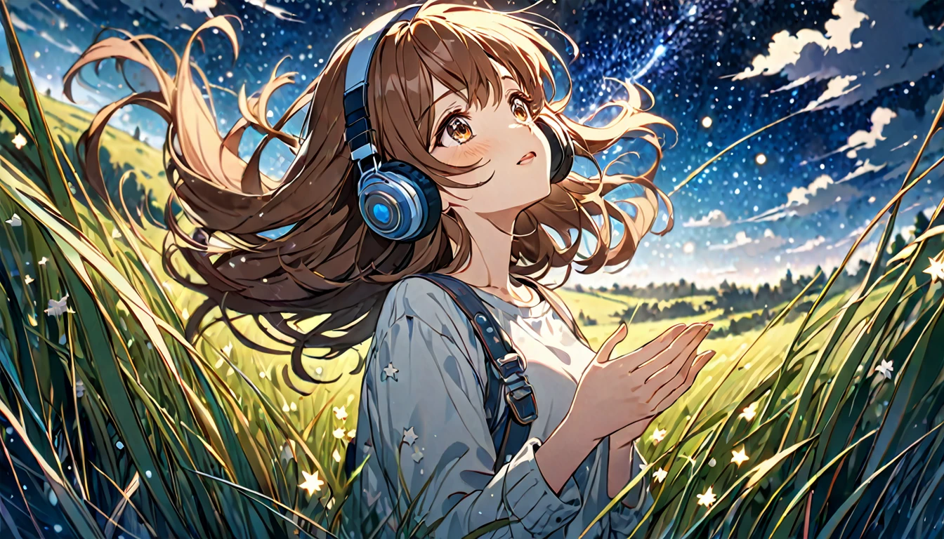 Brown-haired girl wearing headphones、Starry Sky Study - Highly Detailed、masterpiece, Highest quality, Bright - Starry background、Calm expression、Casual clothing、Looking up at the stars in the grassland
(Detailed fingers), (Emotional), (Breathtakingly beautiful), (main part:1.2 Whole body), (Anime Style), (Very detailed), (超High resolution, High resolution), (8k), (Complex and beautiful: 1.2)