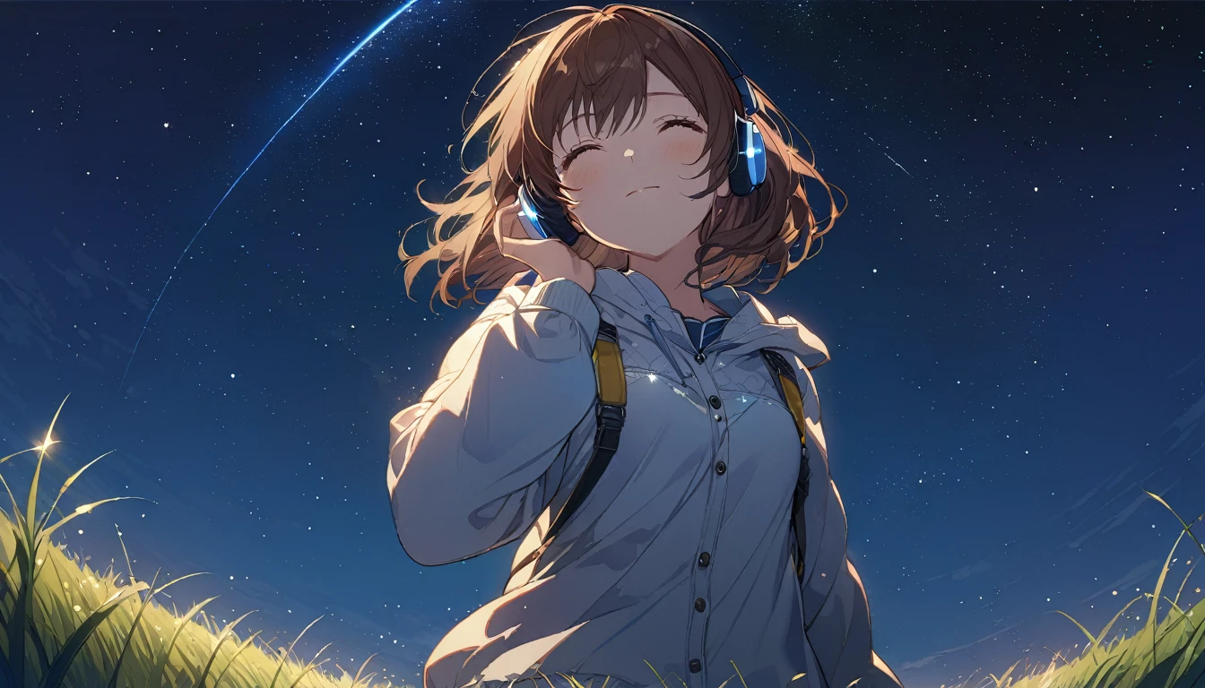 Brown-haired girl wearing headphones、Starry Sky Study - Highly Detailed、masterpiece, Highest quality, Bright - Starry background、Calm expression、Casual clothing、Looking up at the stars in the grassland
(Detailed fingers), (Emotional), (Breathtakingly beautiful), (main part:1.2 Whole body), (Anime Style), (Very detailed), (超High resolution, High resolution), (8k), (Complex and beautiful: 1.2)