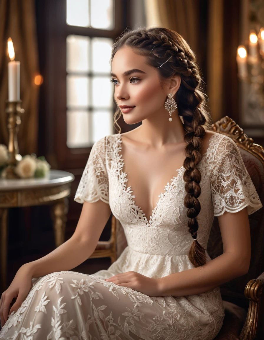 Create a portrait of a refined and elegant woman seated in a sophisticated setting. She has long, wavy hair styled in two thick braids that are pulled over her shoulders. She wears a white, lace gown with intricate patterns, featuring a deep V-neckline and short sleeves. The dress exudes a vintage charm with its delicate lacework. She is adorned with ornate, dangling earrings that add a touch of glamour to her appearance. The background is softly lit, with warm, ambient lighting that creates a cozy and inviting atmosphere. Her expression is poised and serene, capturing a sense of grace and elegance.