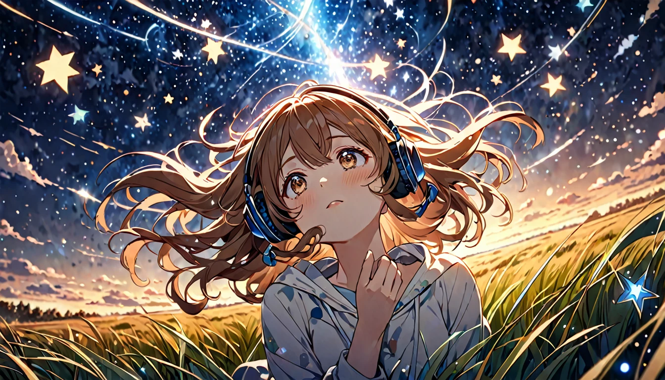 Brown-haired girl wearing headphones、Starry Sky Study - Highly Detailed、masterpiece, Highest quality, Bright - Starry background、Calm expression、Casual clothing、Looking up at the stars in the grassland
(Detailed fingers), (Emotional), (Breathtakingly beautiful), (main part:1.2 Whole body), (Anime Style), (Very detailed), (超High resolution, High resolution), (8k), (Complex and beautiful: 1.2)