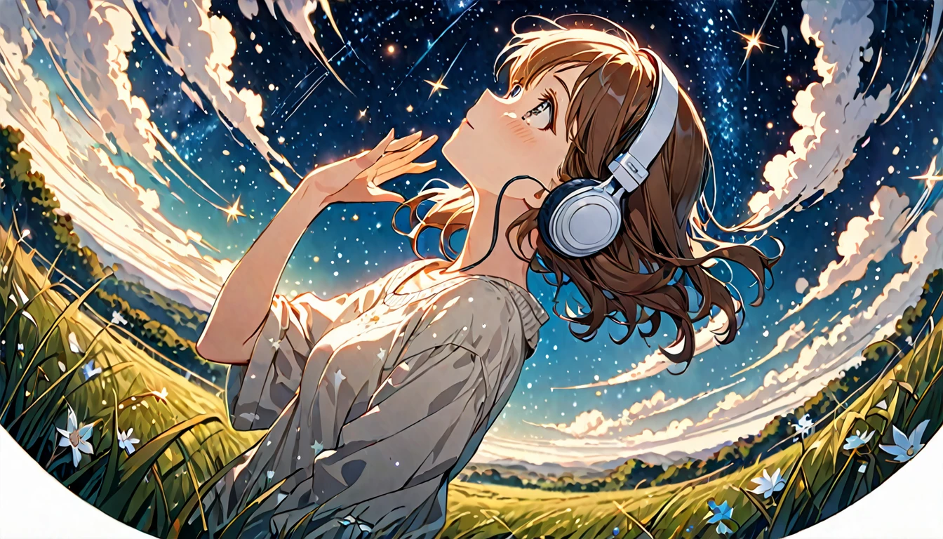 Brown-haired girl wearing headphones、Starry Sky Study - Highly Detailed、masterpiece, Highest quality, Bright - Starry background、Calm expression、Casual clothing、Looking up at the stars in the grassland
(Detailed fingers), (Emotional), (Breathtakingly beautiful), (main part:1.2 Whole body), (Anime Style), (Very detailed), (超High resolution, High resolution), (8k), (Complex and beautiful: 1.2)
