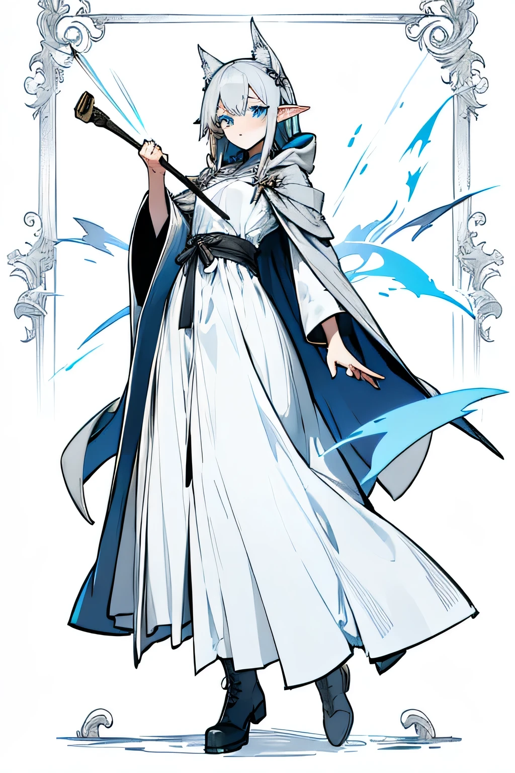 Shoulder-length gray-white hair,Girl,Blue Eyes,Elf ears,Wear a magician's robe,cloak,Wearing a hood,Long skirt,Boots,full-body shot,front Photo,No background