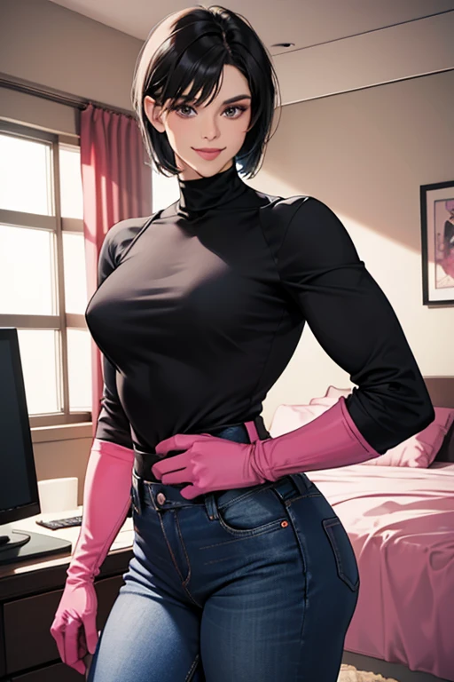 A muscular mature woman with short black hair wearing a black long-sleeved high-neck shirt and blue jeans, smiling while wearing long pink rubber gloves in her room