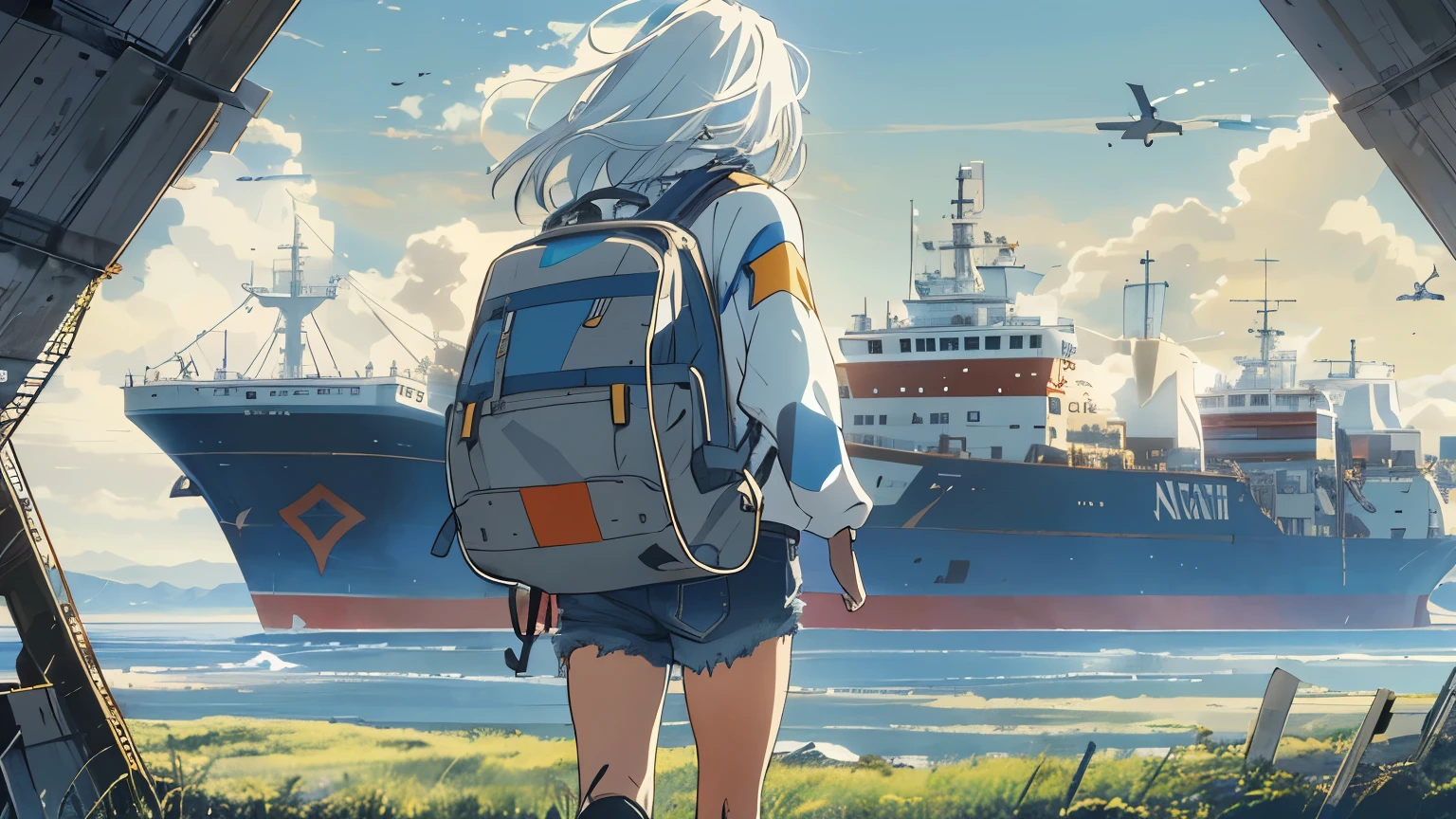 Vast Sky, Beautiful skyline, Vast grassland, Very tense and dramatic photo, Moving visual effects, The North Star Hanging High, Colorful natural light. Long sleeve tops, Denim shorts, Girl carrying a backpack. There is a big ship not far away..White Hair