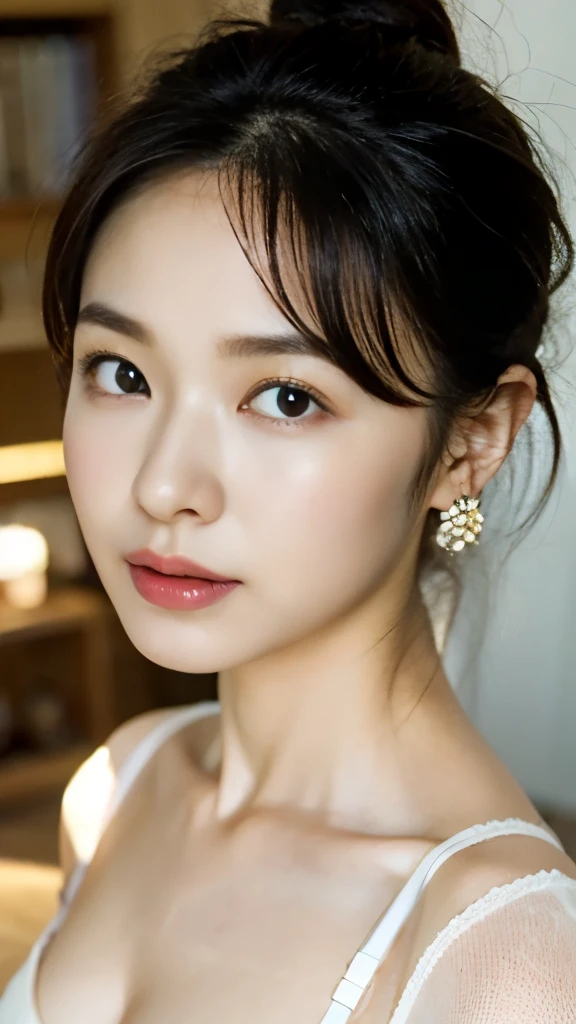 Front vies, standing pose, Gorgeous Young Korean Woman, 1 girl 30 yeas old,　(middle hair, brown hair, fringe, Tears, Thin outer eyebrows, Small eyes、Eyes are small compared to the face, little smile), (gold ring earring),( C cup breasts, slender whist, wide  hip), (White micro Bra, White micro pantie :1.3), black Hi-heal, on floor, under wear model  office, 