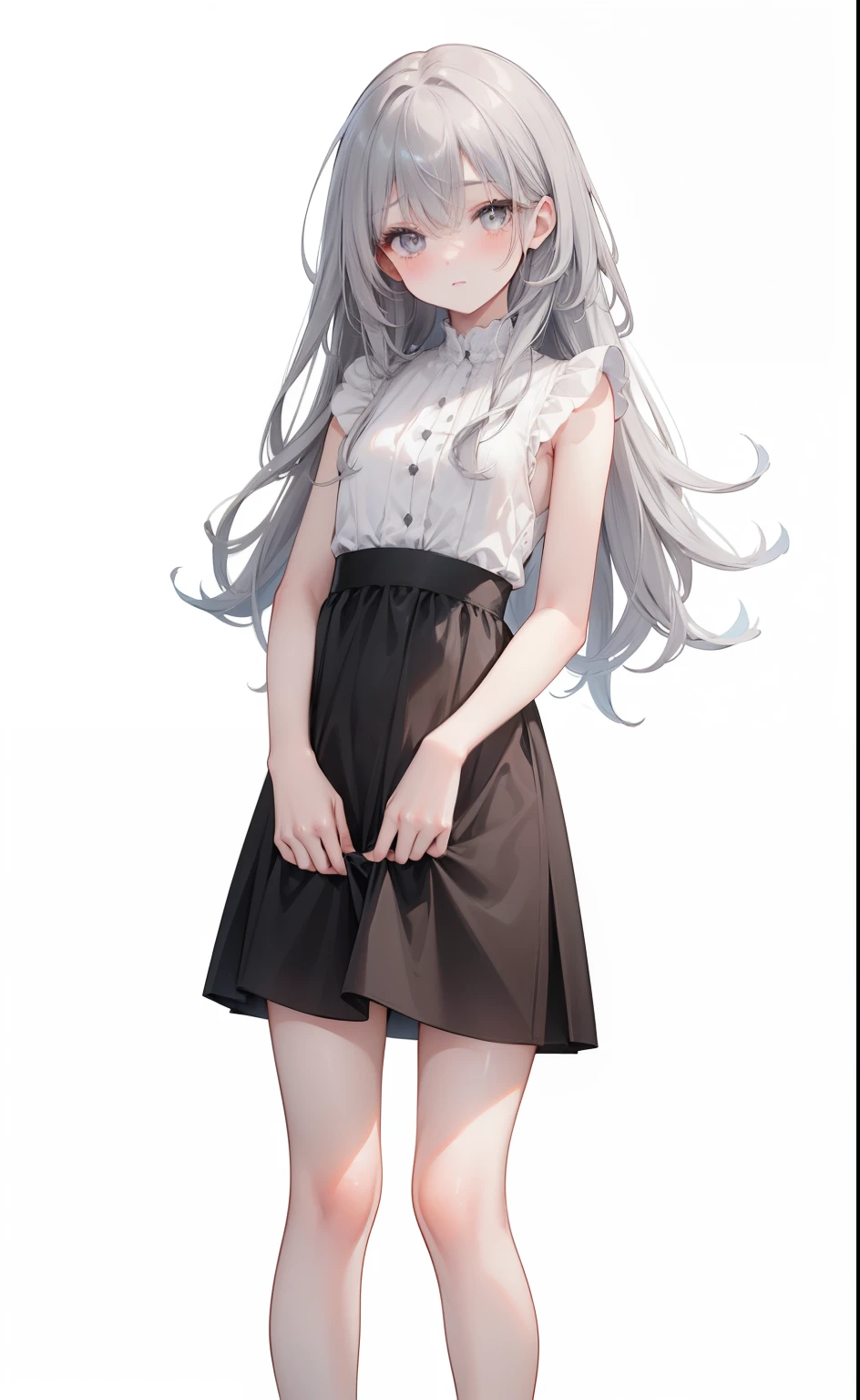 ((long hair)),(((grey eyes))),Best Quality,masutepiece,8K, Top image quality, RAW photography, 超A high resolution, Shot for one person only, model shoot, round chest, ((small eyes)), Beautiful Eyes of Details, Beautiful eyelashes、Very slim physique, with blush cheeks, casual cute simple fluffy
