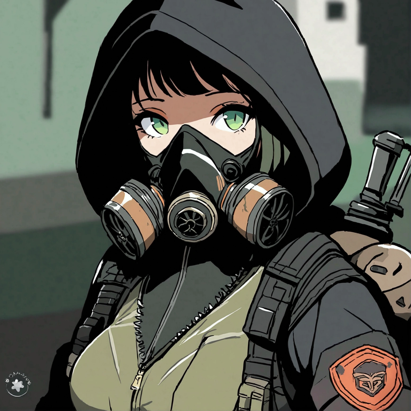 ((mejor calidad)), ((obra maestra)), (detallado), 1 chica, Female, black hood, gas mask, black jacket, bulletproof vest and green vest. Black tactical backpack. Post apocalyptic style