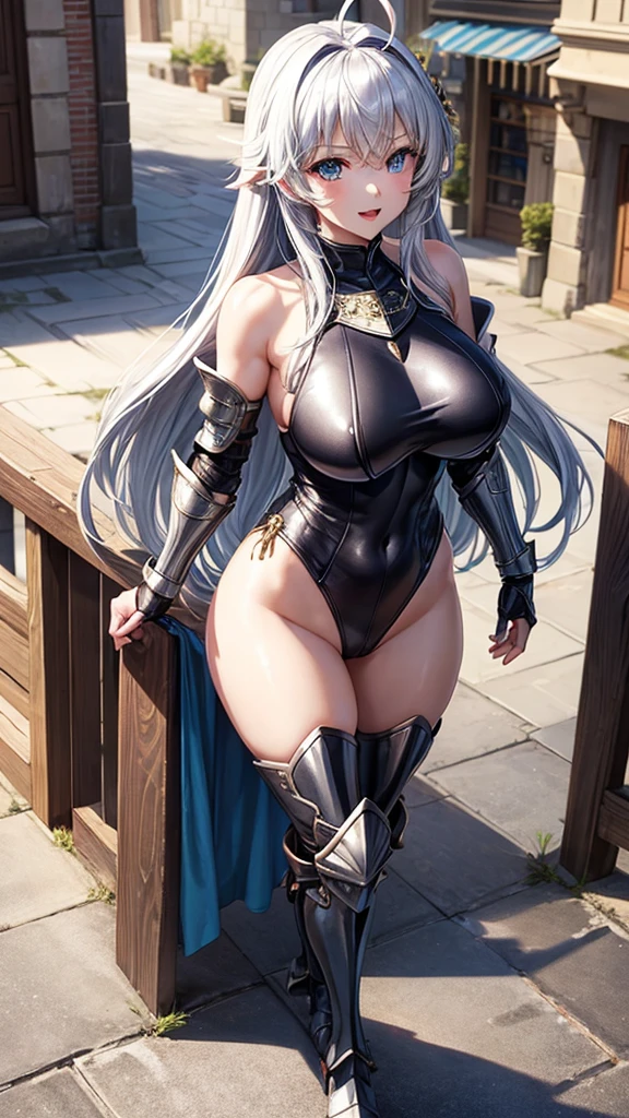 Woman knight、a beauty girl、huge tit、Excellent style、Nice Buddy、glamorous、leotard、s Armor、Shoulder rest armor、Bra chest armor、knee boots、gauntlets、hair adornments、silber hair、Longhaire、Ahoge、is standing、full body seen 、Medieval city、Walking、slightly open mouth、a smile、