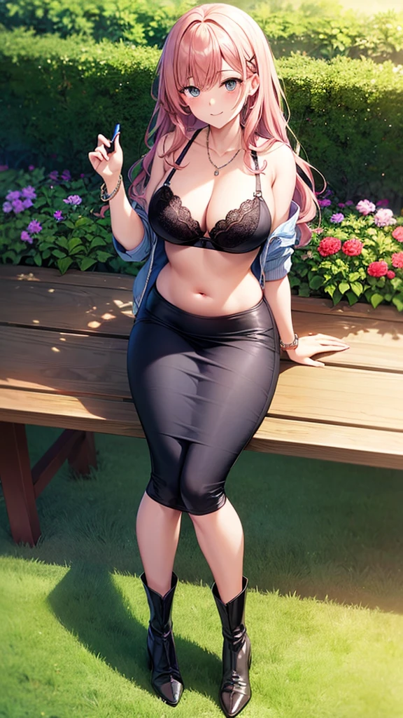 masterpiece, best quality, 1girl, beautiful business woman with wavy hair, pink hair, hairpin, large bust, wearing bra and blue midi pencil skirt, jacket, business skirt, high heel boots, necklace, bracelet, midriff, belly button, summer, garden in the city, bench, looking at viewer, light smile, blushing, full body, view from above, hand on cheek