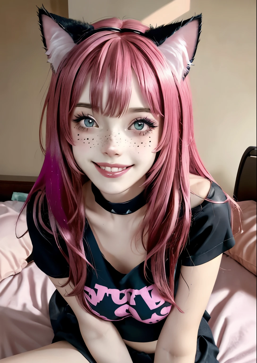 1girl, egirlmakeup, black crop top, short sleeves, cat ears, pink hair, bangs, freckles, sitting on bed, looking at viewer, grin