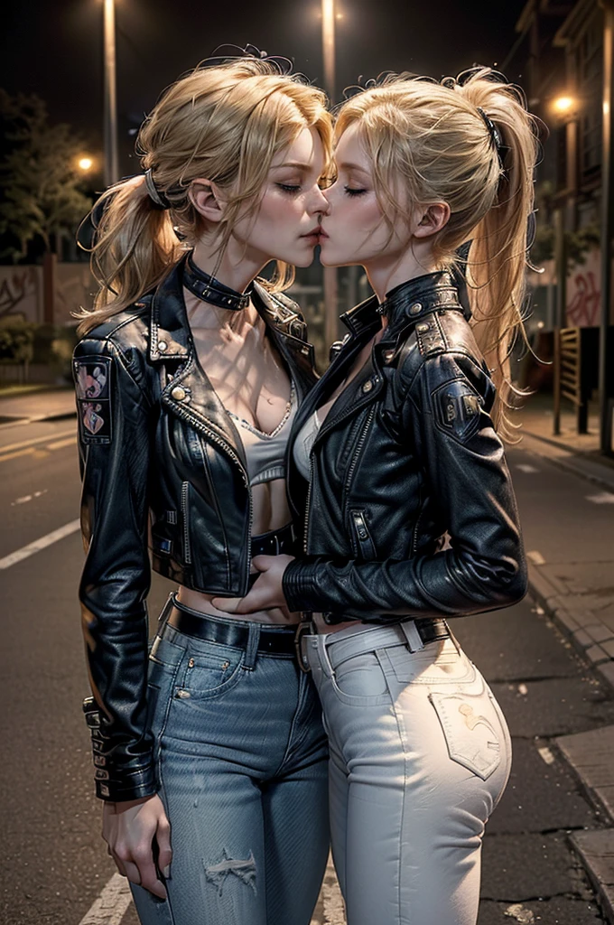 (Detailed illustrations, Very detailed and detailed drawing, Delicate lines with slow and rapid, Realistic texture expression), Two women with long blond or ginger hair, ponytail or messy hair, (((passionate kissing))), kiss, (((eyes closed))), (((closed eyes))), erotic, (((one girl is touching the other sensually and grabbing her crotch))), ((intimate)), ((hand in pants)), ((empty street playground background with graffiti)), (((night time, street light))), standing in the street, (((very skinny figure, very thin waist, very narrow hips, very slim legs, large breast, athletic body))), punk, ((white bra)), exposed midriff, (((high waist jeans))), ((navel piercing)), strong abs, ((black collars)), ((((small open leather jacket)))), ((studded belt))