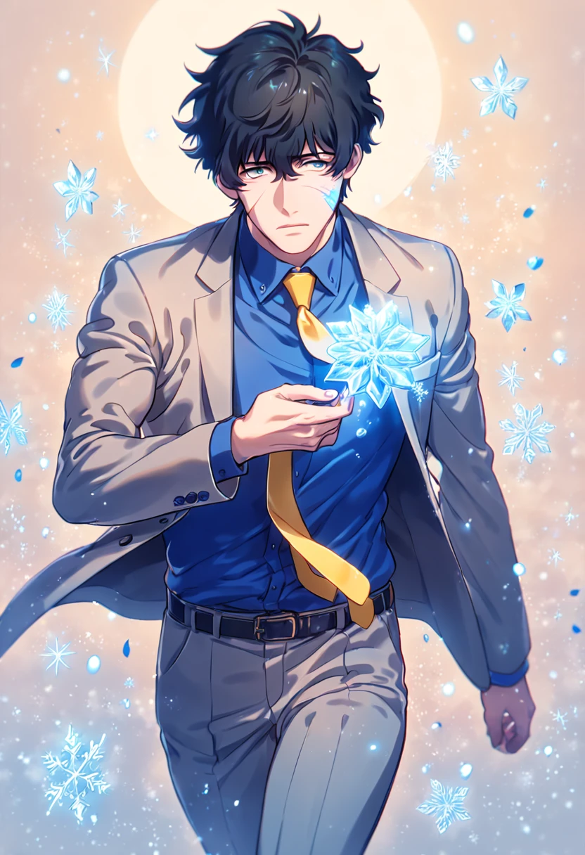 absurdres, highres, ultra detailed, HDR, master piece, Steven A. Starphase, black hair, expressive gray eyes, gray jacket, blue shirt, gray pants, yellow necktie, scar on his right cheek, Kekkai Sensen, man, handsome, best quality, blue ice moon, ice flowers, fantasy, magical, solo, ice, blue shining fireflies, blue petals, sensual, snowflakes, winter