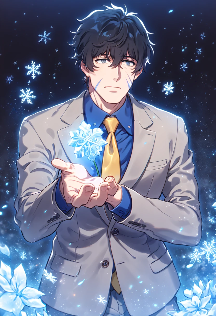 absurdres, highres, ultra detailed, HDR, master piece, Steven A. Starphase, black hair, expressive gray eyes, gray jacket, blue shirt, gray pants, yellow necktie, scar on his right cheek, Kekkai Sensen, man, handsome, best quality, blue ice moon, ice flowers, fantasy, magical, solo, ice, blue shining fireflies, blue petals, sensual, snowflakes, winter